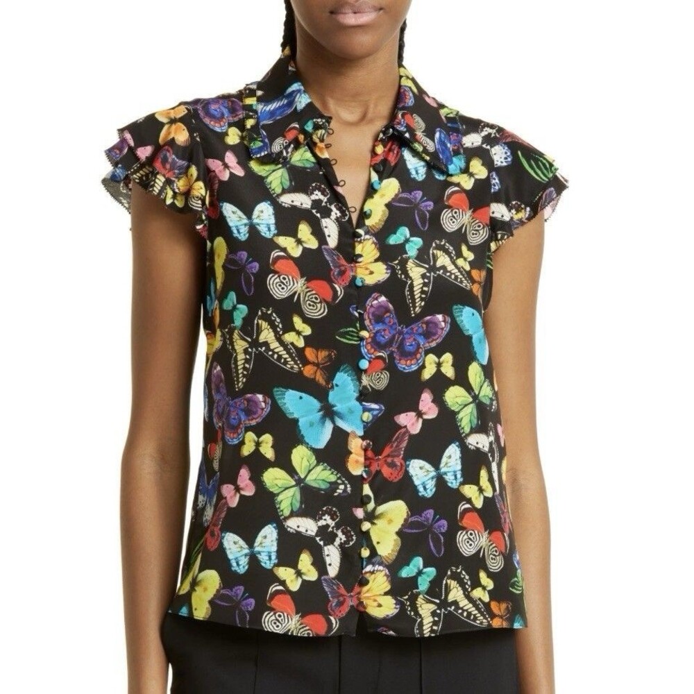 Alice + Olivia Martel Flutter Sleeve Silk Blouse Butterfly Print Black Size XS